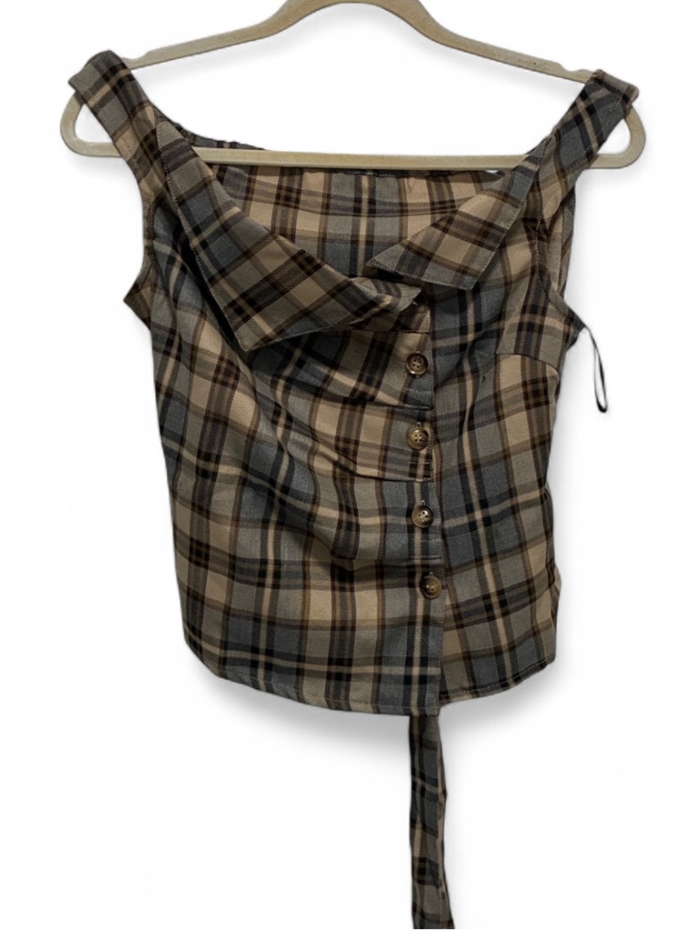 Cider Plaid Off-Shoulder Button Front Tank Top - Beige & Gray